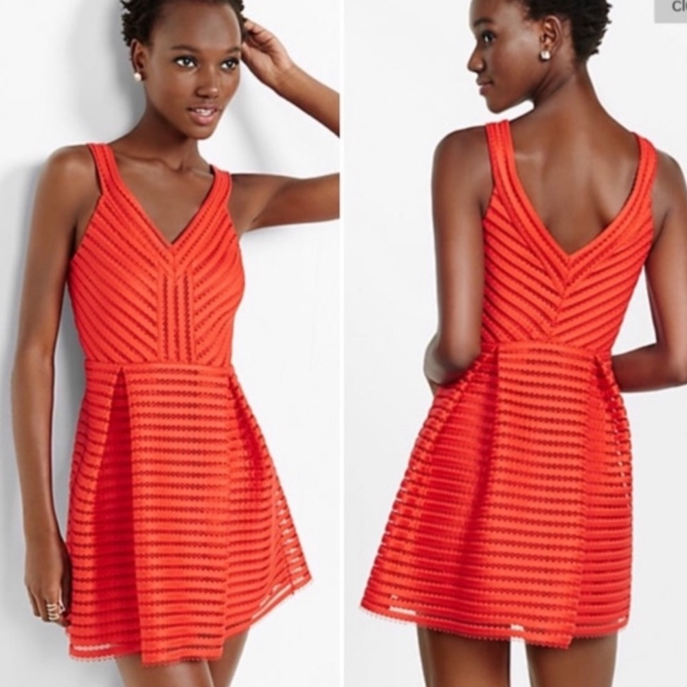 Express Red V-Neck Fit and Flare Mesh Dress in Size 0